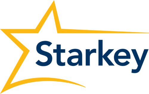 Starkey Logo Image of a man in a yellow t-shirt with hearing illustrations used to depict auditory training and counselling